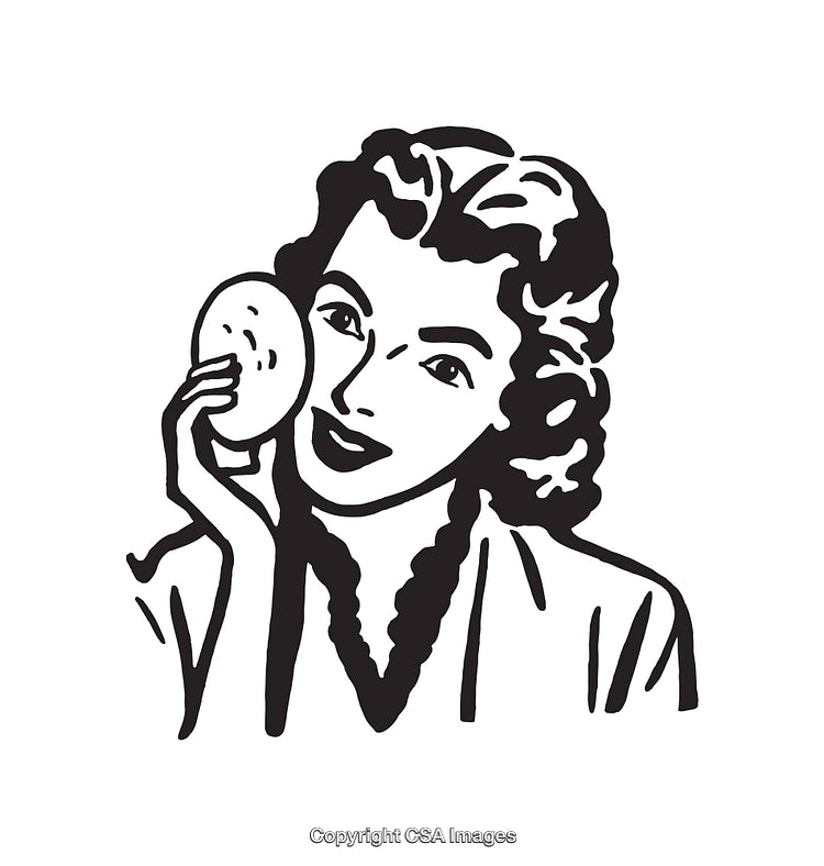 Retro Black and White Illustration of a Woman Holding a Face Powder Compact