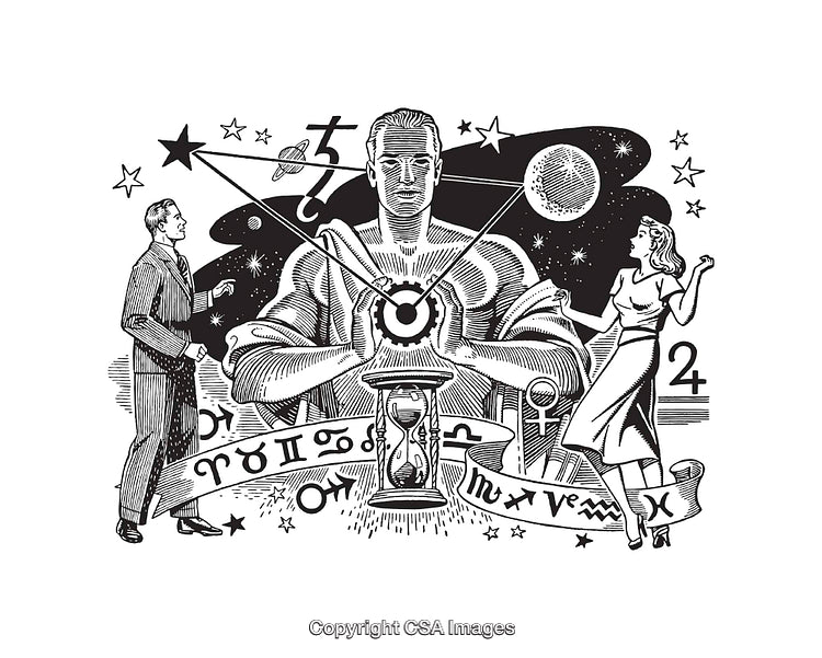 Black and White Line Art Illustration of Zodiac Signs and Astrology