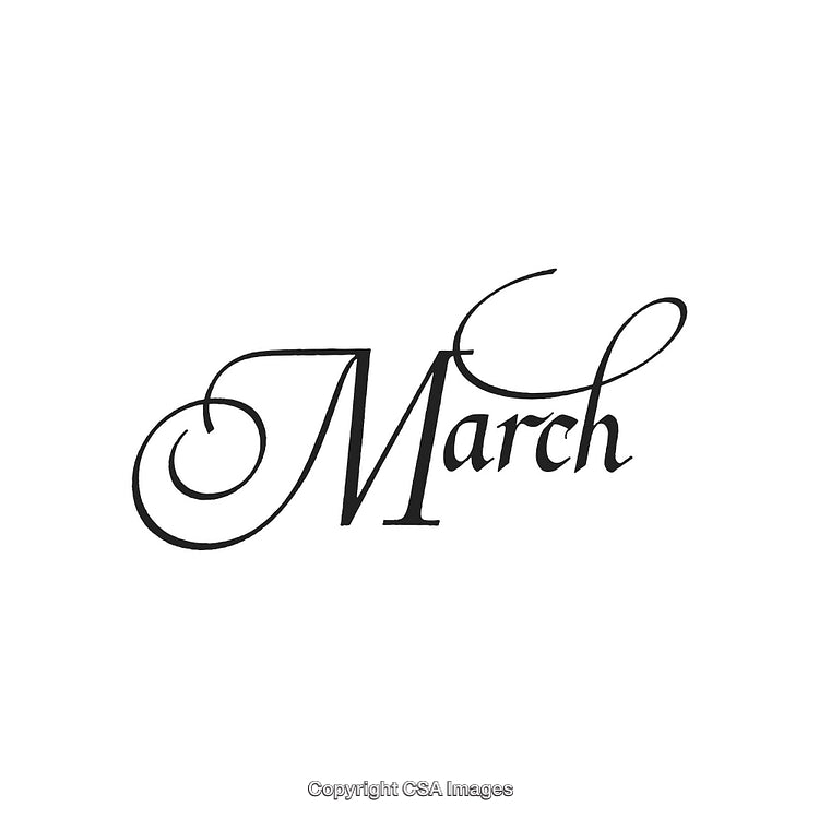 Elegant Handwritten 'March' Text with Ornate Calligraphy on a White Background