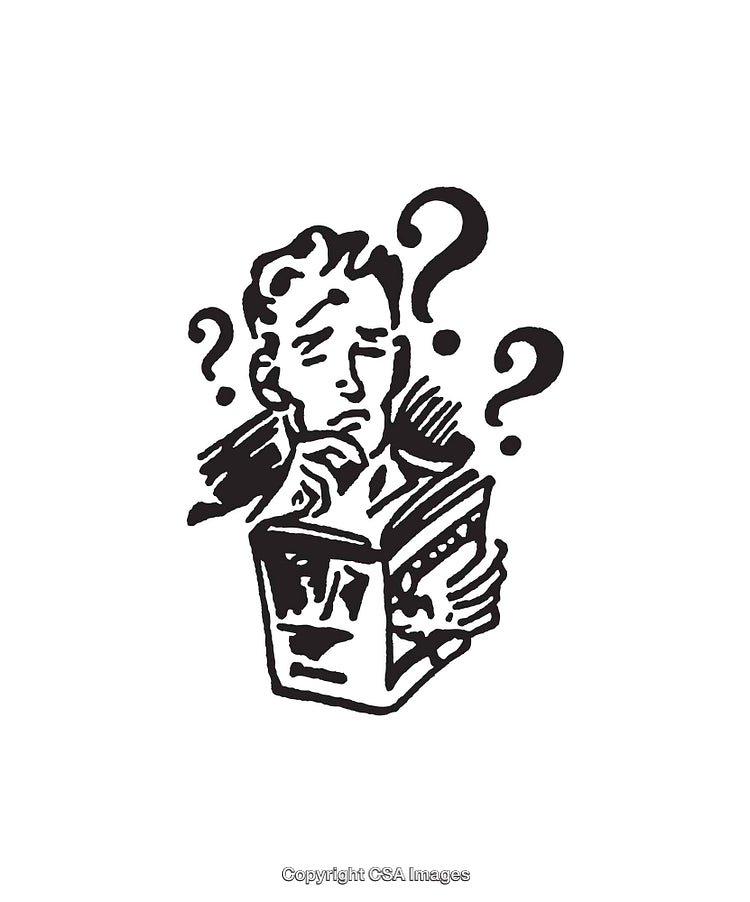 Illustration of a Confused Person Reading a Book with Question Marks