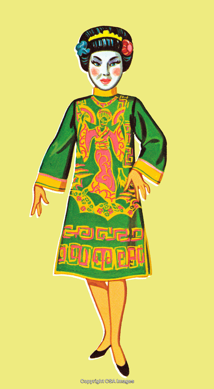 Illustrative Figure in Traditional Oriental Attire Against Yellow Background