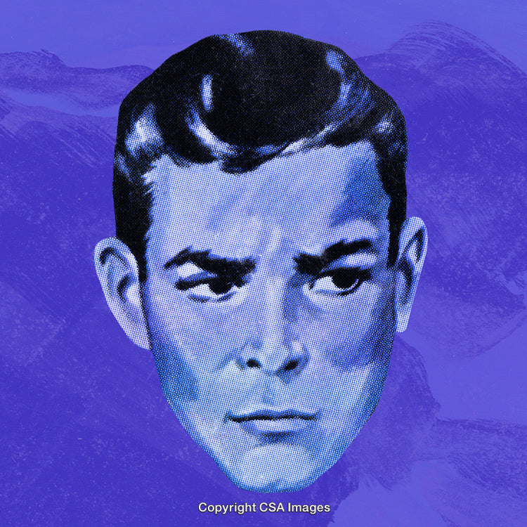 Retro Halftone Portrait of a Man on Purple Abstract Background