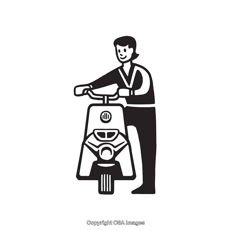 Black and White Line Art of a Person with a Scooter
