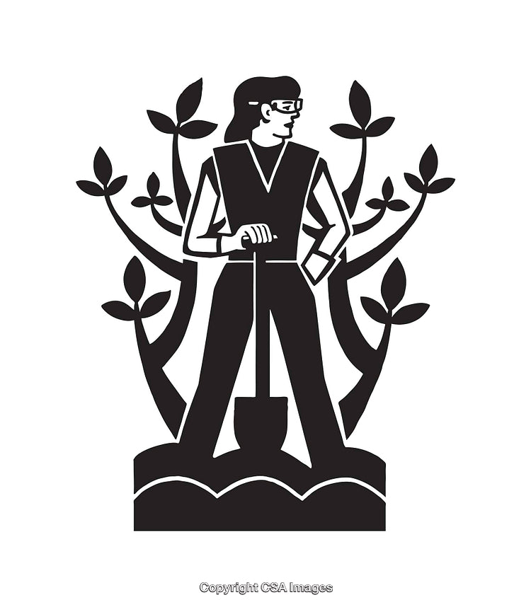 Gardener Tending Plants in Stylized Black and White Line Art