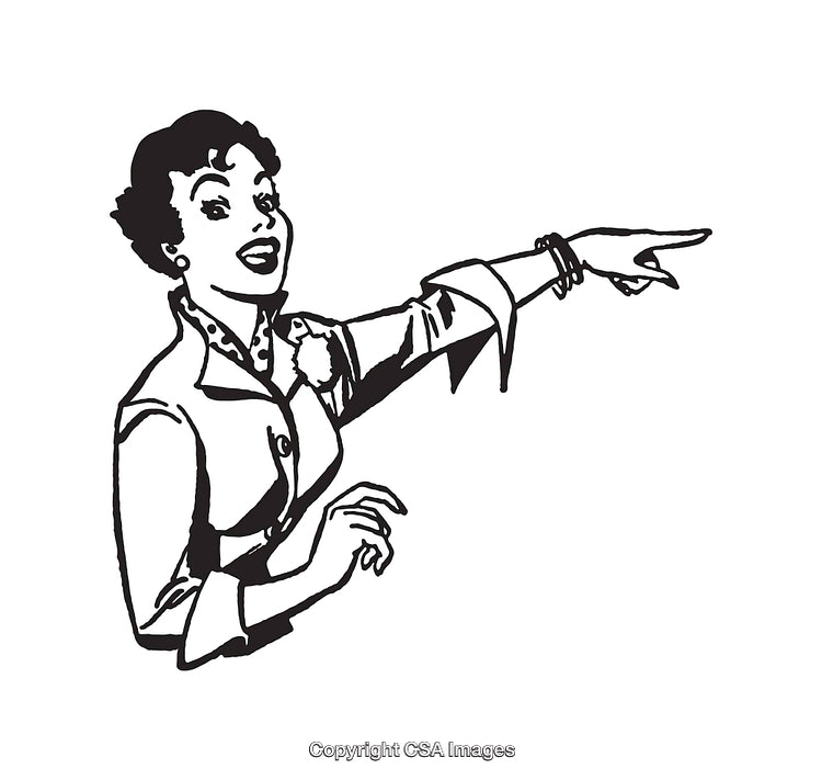 Retro Style Illustration of Woman Smiling and Pointing With Enthusiasm