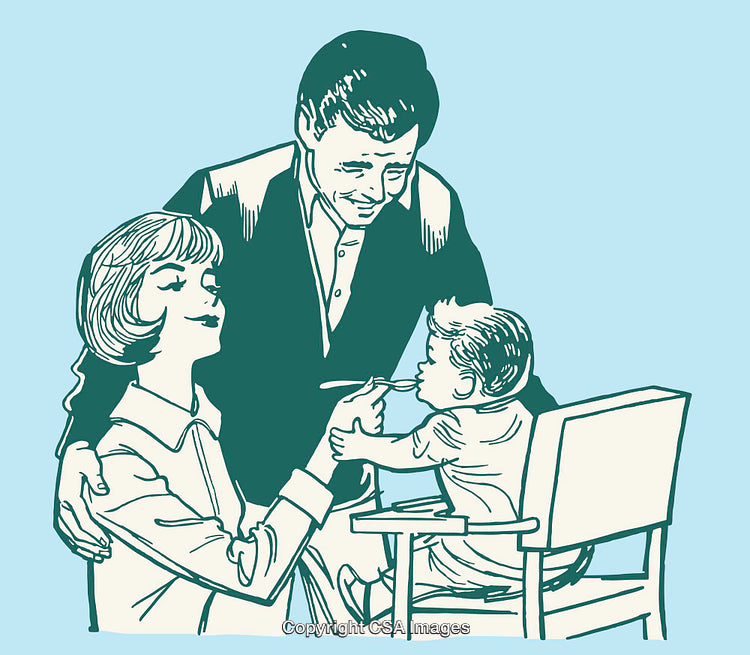 Vintage Illustration of a Family Feeding a Young Child in High Chair