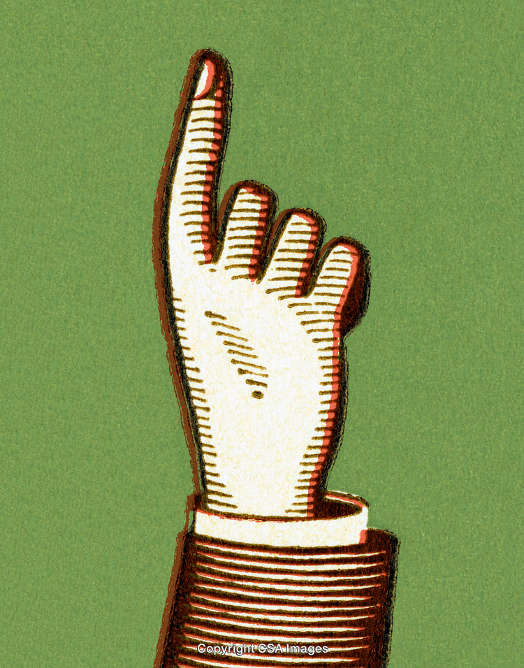 Vintage Illustration of a Pointing Hand in Retro Style on Green Background