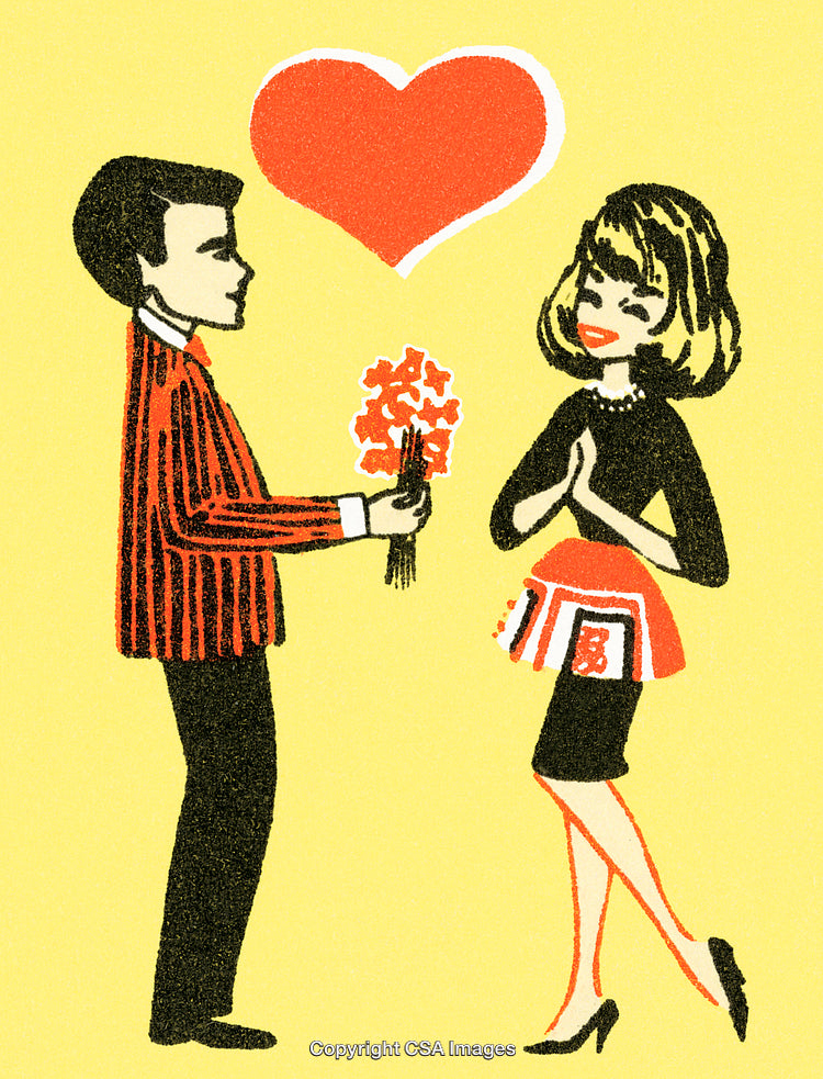 Vintage Illustration of Romantic Couple with Flowers and Heart Symbol