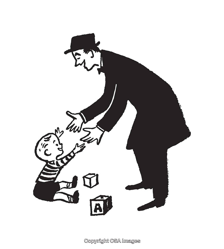 Black and White Illustration of a Caregiver Reaching for a Child with Blocks