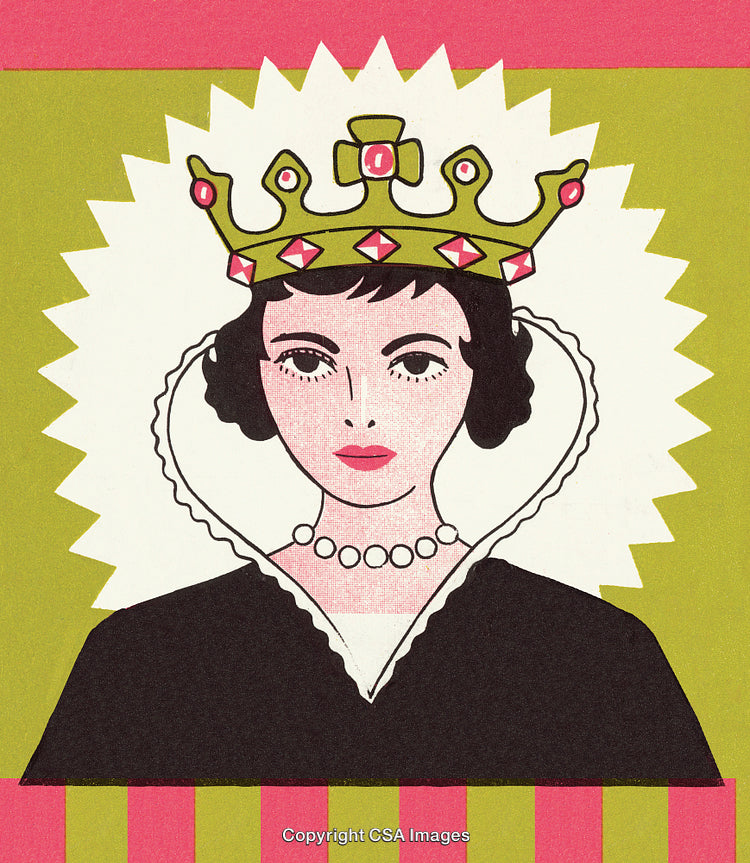 Illustration of a Queen Wearing a Crown with Decorative Elements