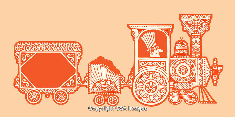 Stylized Orange Train Illustration with Intricate Indian Folk Design on Beige Background