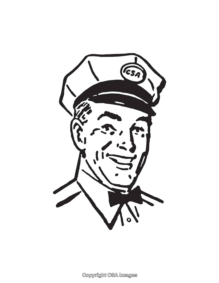 Retro Black and White Line Drawing of a Smiling Uniformed Man