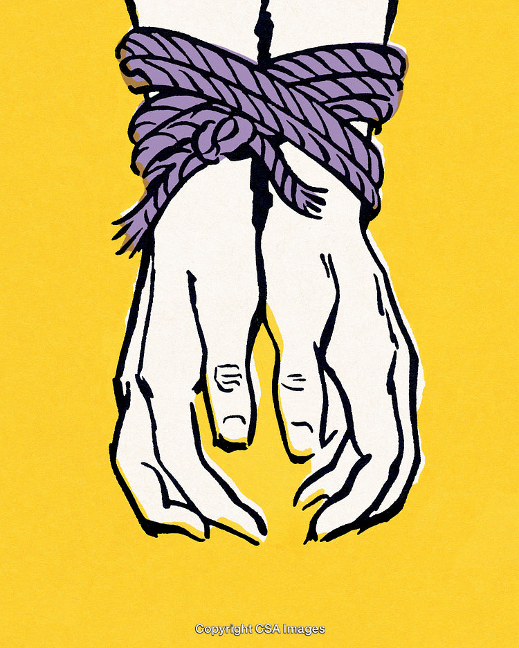 Illustration of Bound Hands with Purple Ropes on Yellow Background