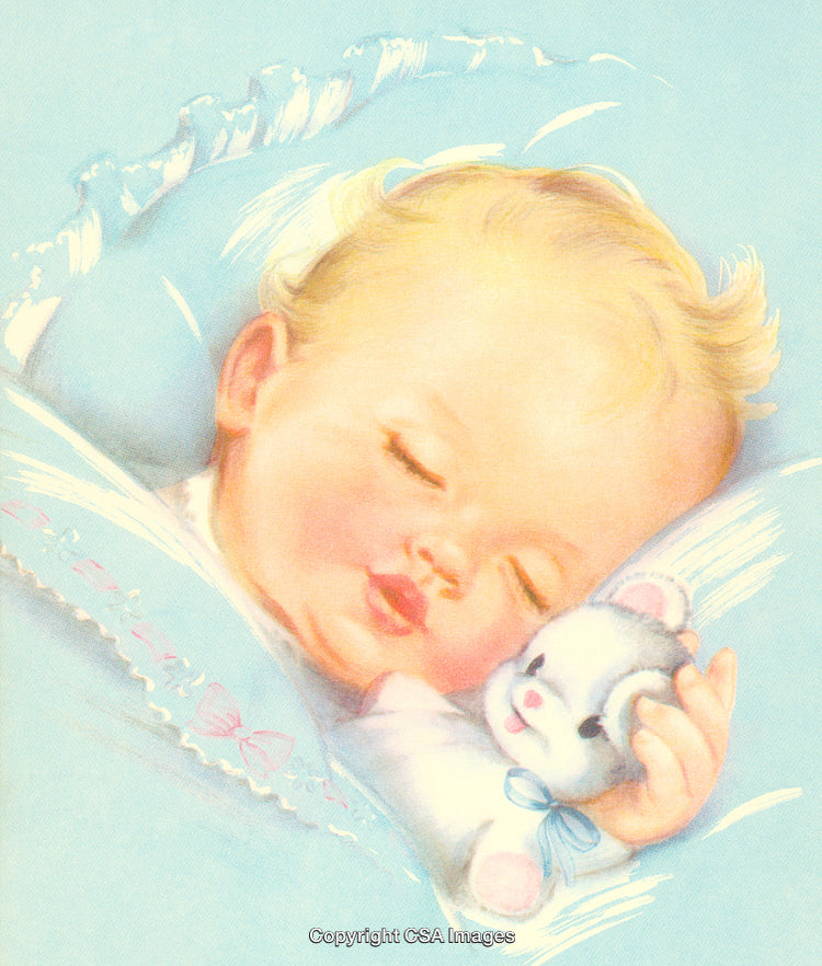 Adorable Baby Sleeping With Teddy Bear in Tranquil Blue Bedding