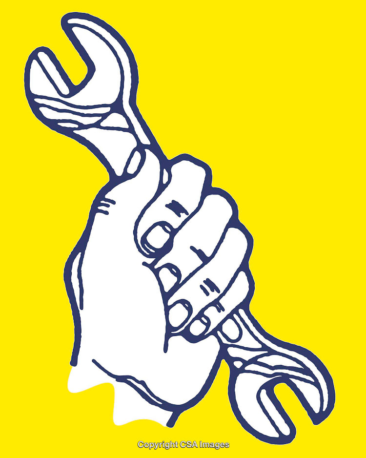 Hand Holding Wrench Over Vibrant Yellow Background in Minimalist Line Art