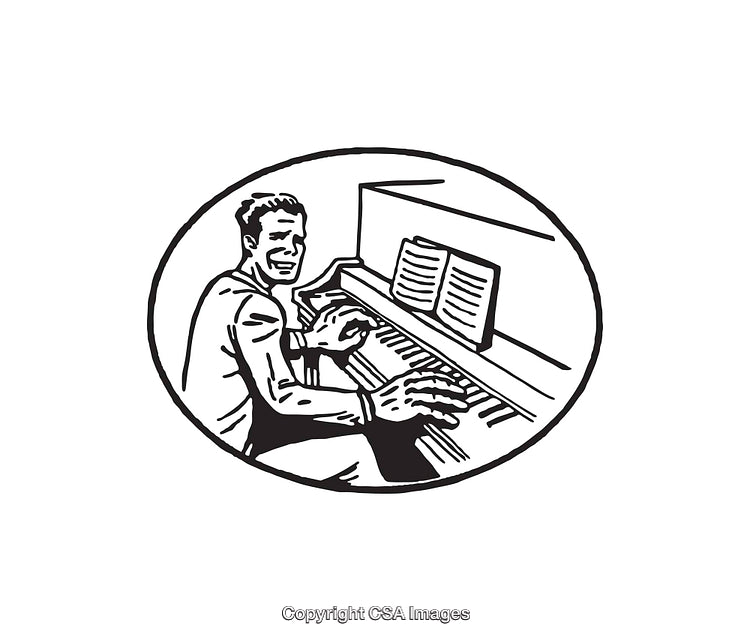 Black and White Illustration of a Pianist Playing Energetically