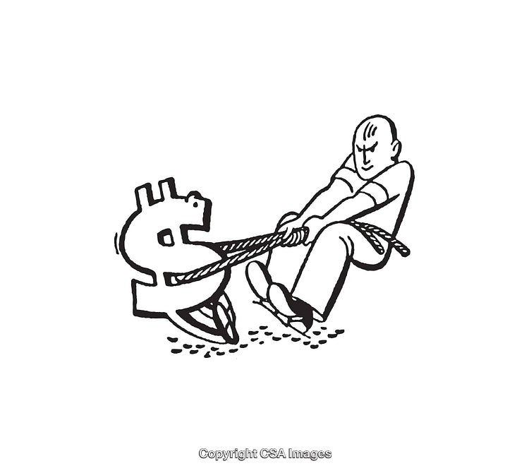 Illustration of Man Struggling to Pull Dollar Sign Symbol with Rope