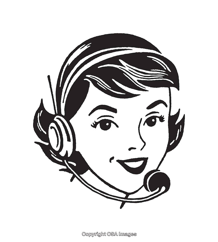 Vintage Style Black and White Line Art of a Woman in Headset