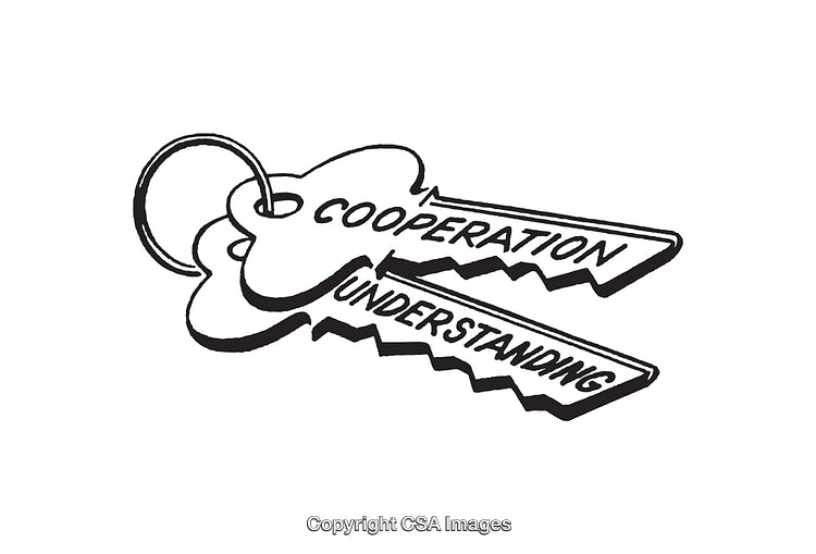 Black and White Drawing of Keys Representing Cooperation and Understanding