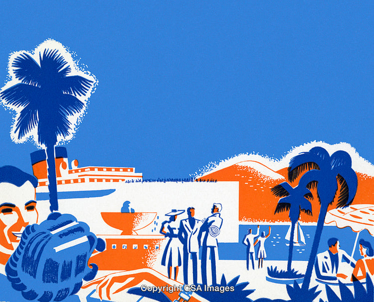 Colorful Illustration of Coastal Cityscape with Palm Trees and Social Gatherings