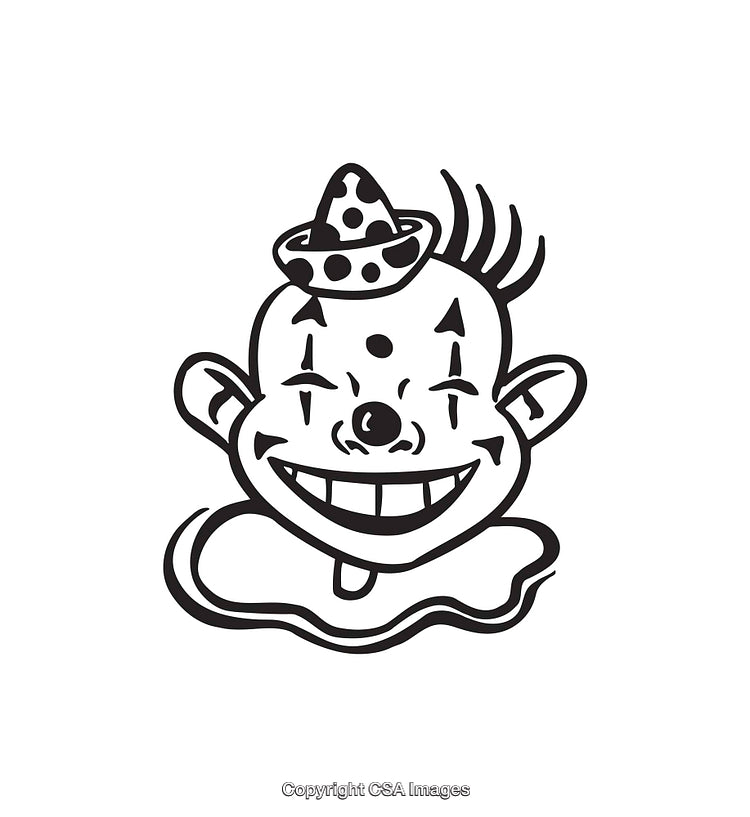 Black and White Line Art Illustration of a Smiling Clown Face
