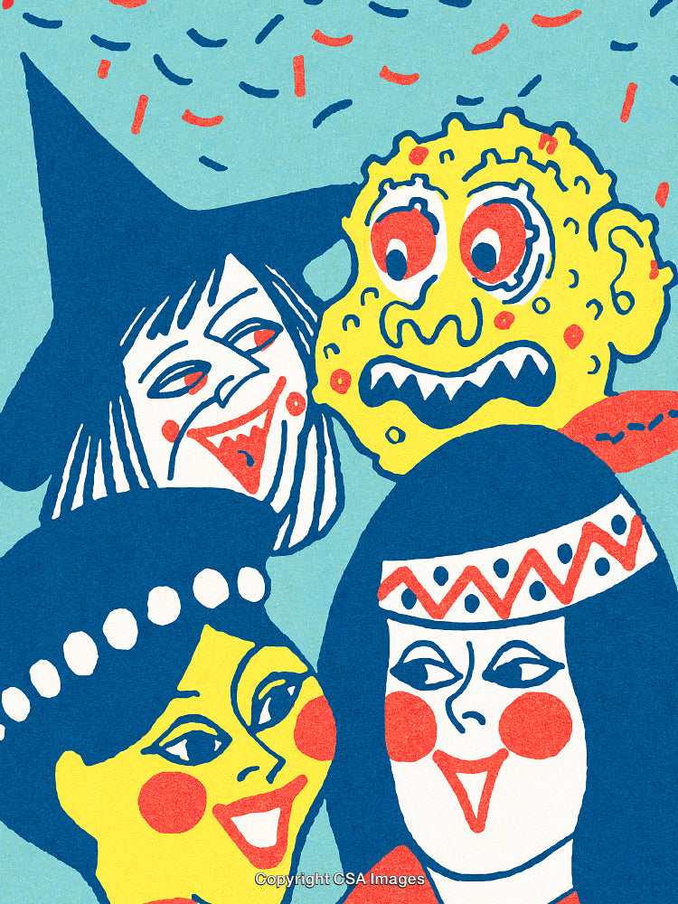 Colorful Illustration of Diverse Characters in Festive and Playful Costumes