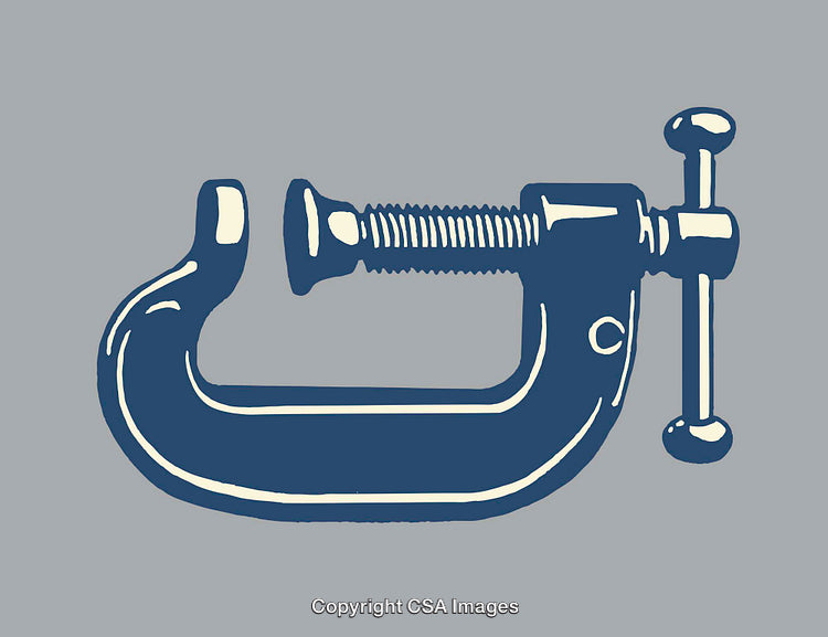 Blue Line Art Illustration of a C-Clamp on a Gray Background