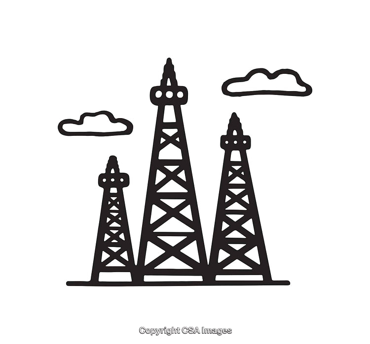 Black and White Illustration of Oil Drilling Rigs with Clouds