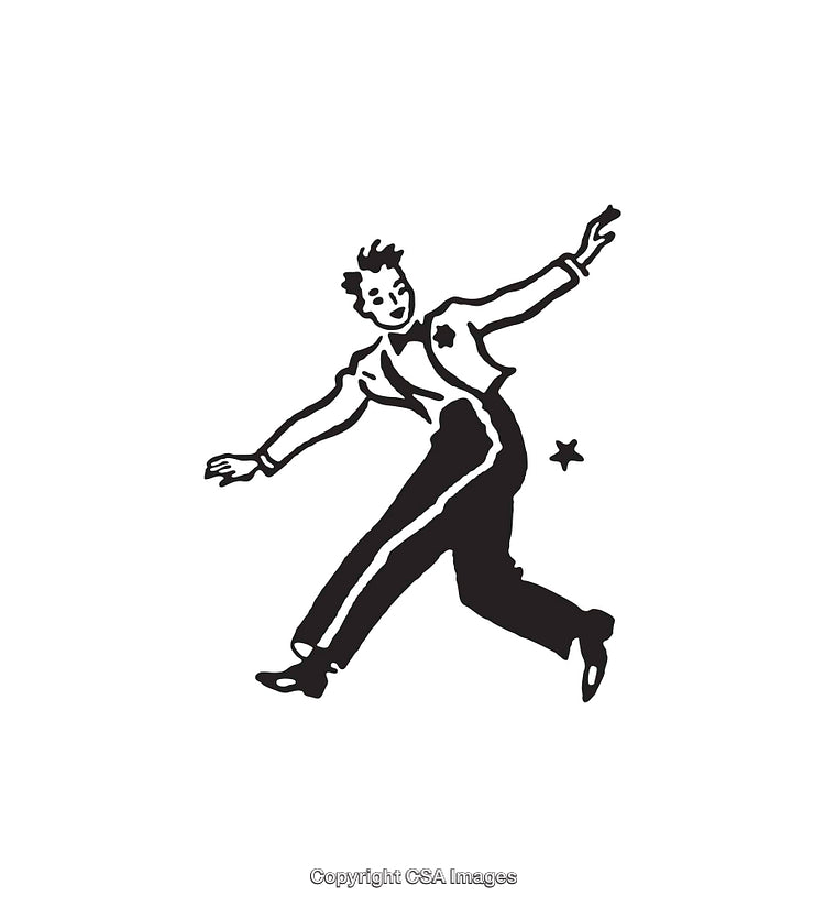 Black and White Line Art of a Retro Dancing Figure in Motion