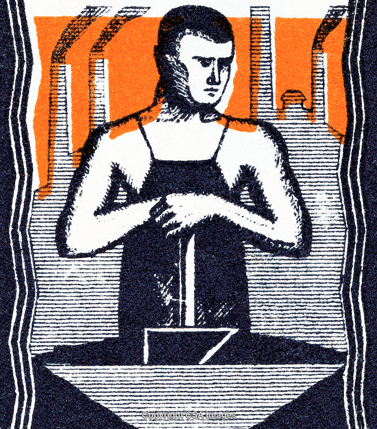 Artistically Illustrated Worker in an Industrial Setting with Abstract Elements