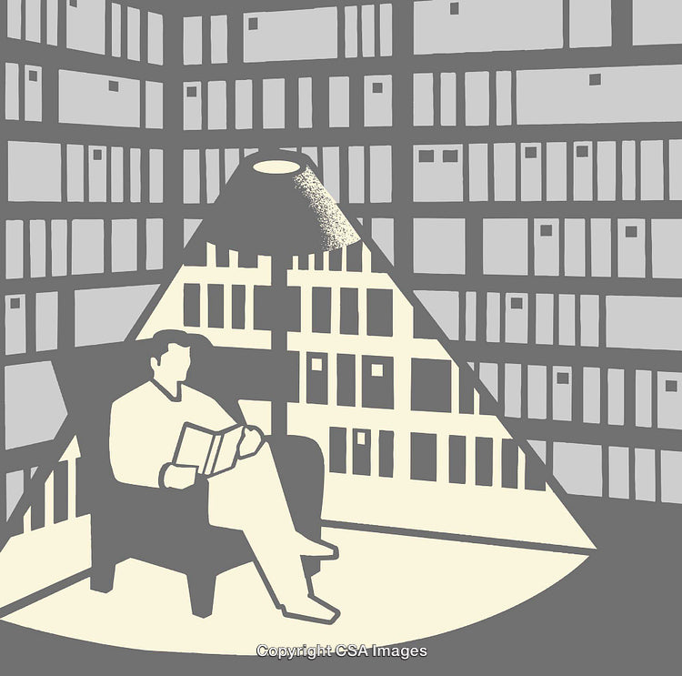 Illustration of Person Reading in a Library Under Spotlight