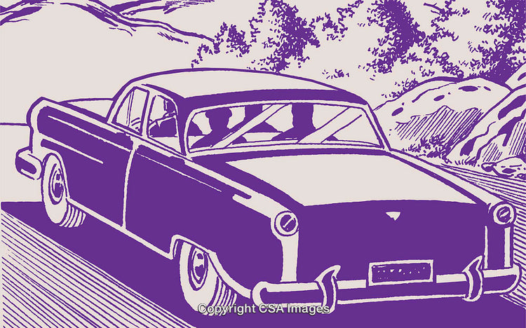 Vintage Illustration of a Classic Car Driving Through a Picturesque Countryside