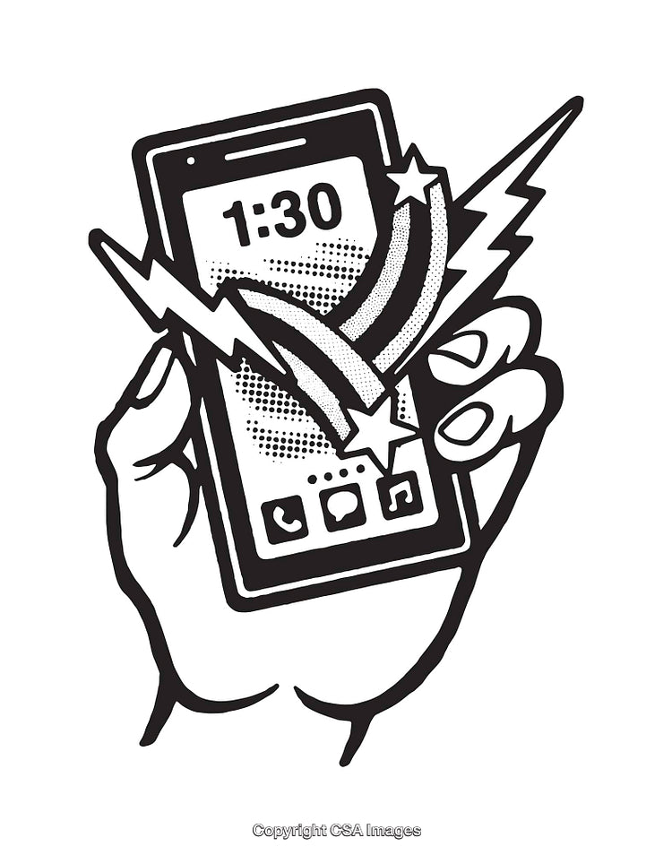 Black and White Line Art of a Smartphone With Energetic Lightning Waves