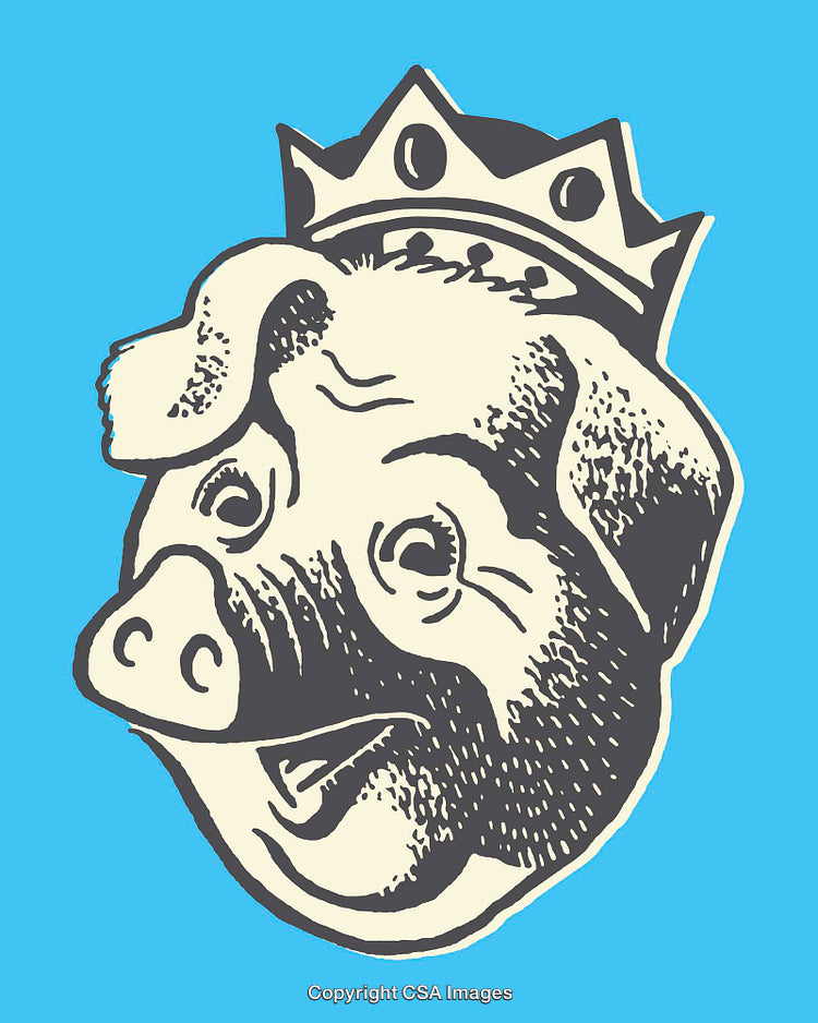 Vintage Illustration of a Crowned Pig Character in Vibrant Colors