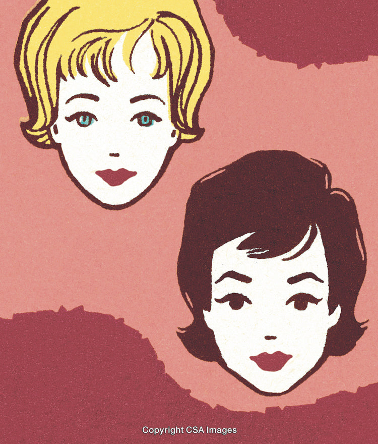 Vintage Illustration of Two Women with Different Hair Colors on Retro Background