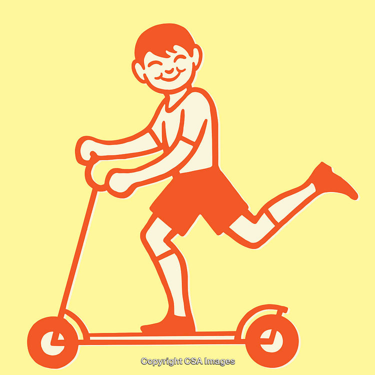 Happy Child Riding a Scooter in a Minimalist Line Art Illustration