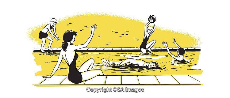 Retro Illustration of People Enjoying Activities at a Pool