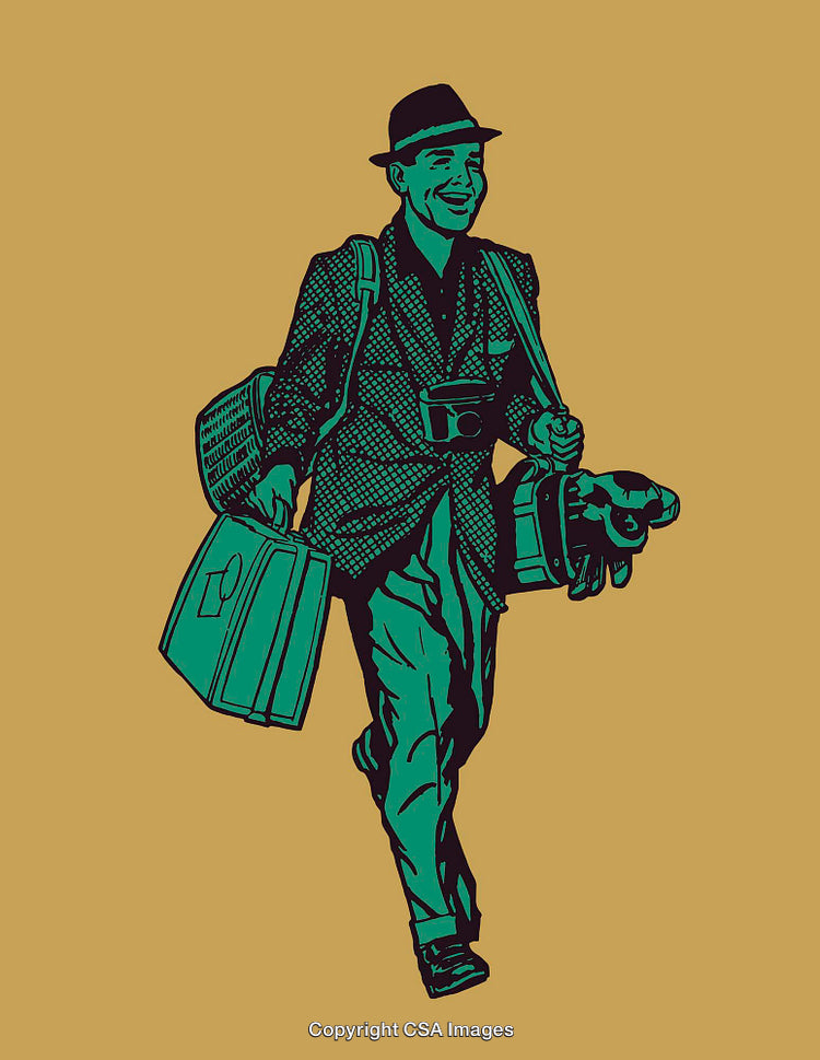 Retro Man Carrying Luggage in Vintage Line Art Illustration