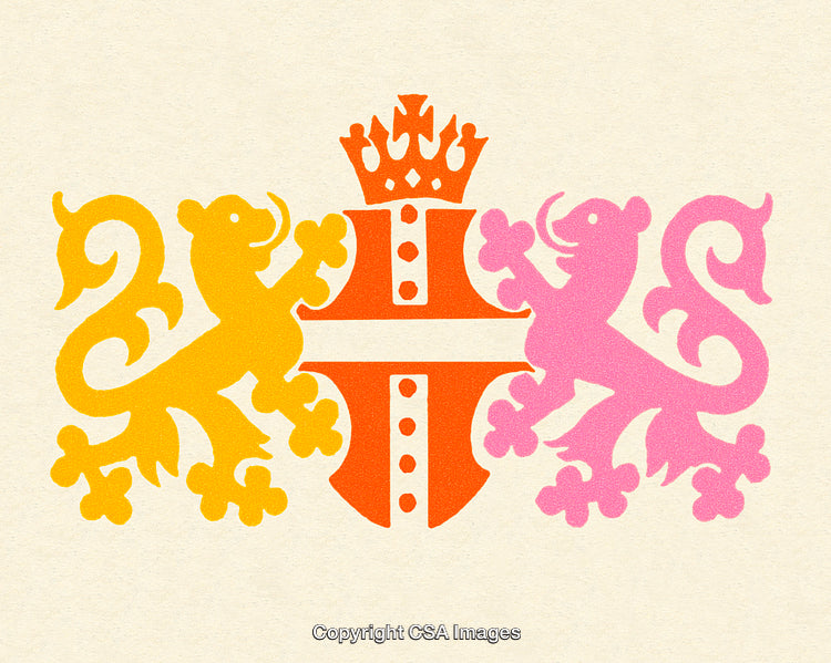 Royal Heraldic Design Featuring Colorful Lions and Crown Symbol