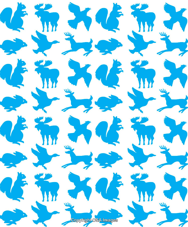 Blue Silhouette Animal Motifs on a White Background in Repeating Pattern