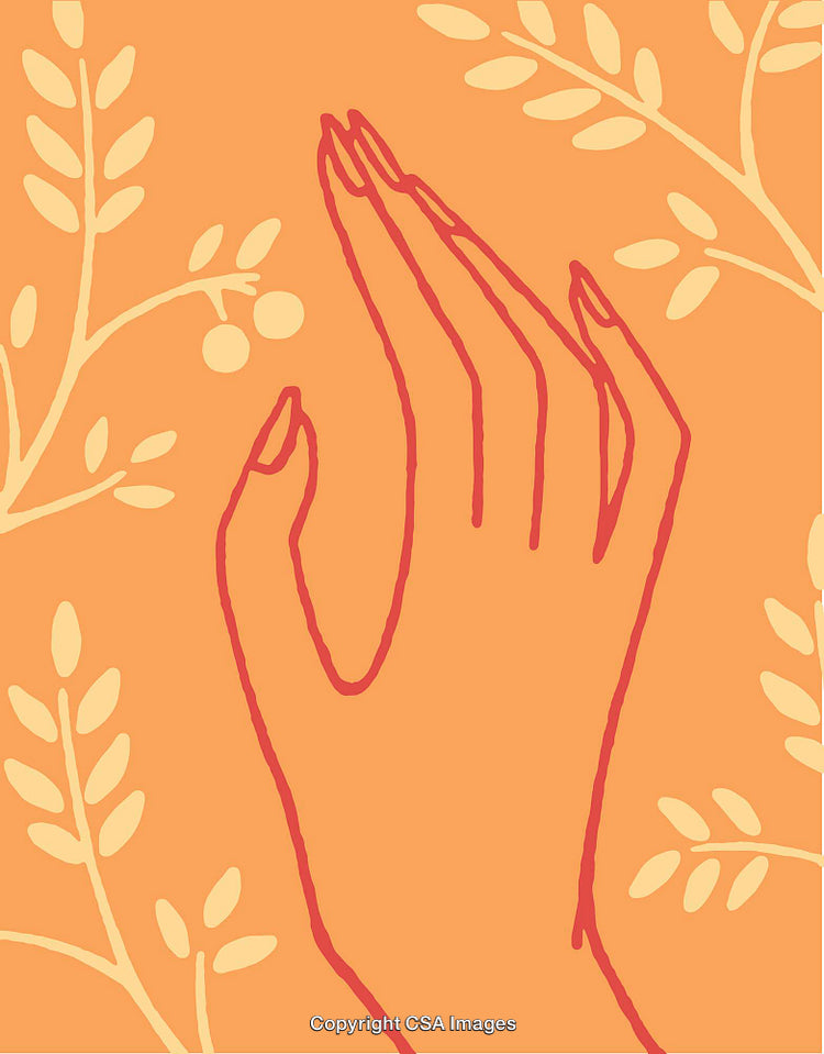 Elegant Line Art of a Hand Amid Botanical Patterns in Warm Tones