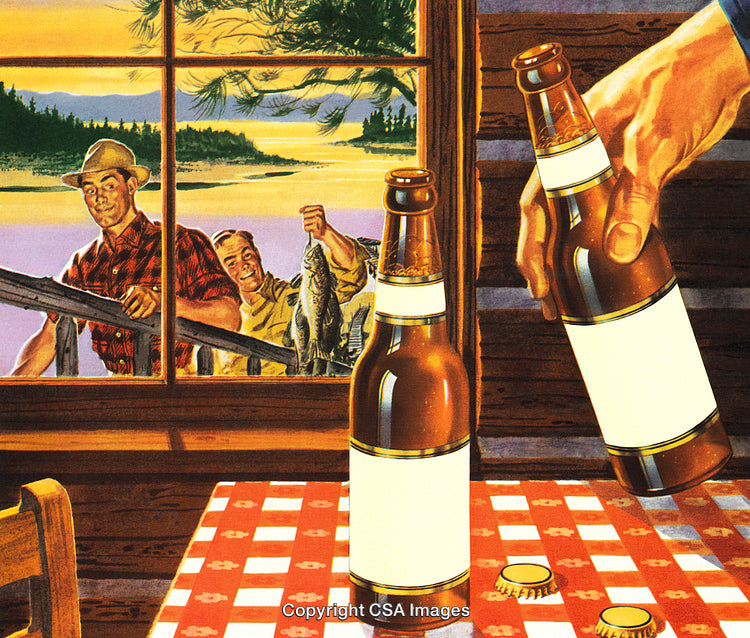 Happy Friends Celebrating Catch with Beers in Rustic Cabin Setting