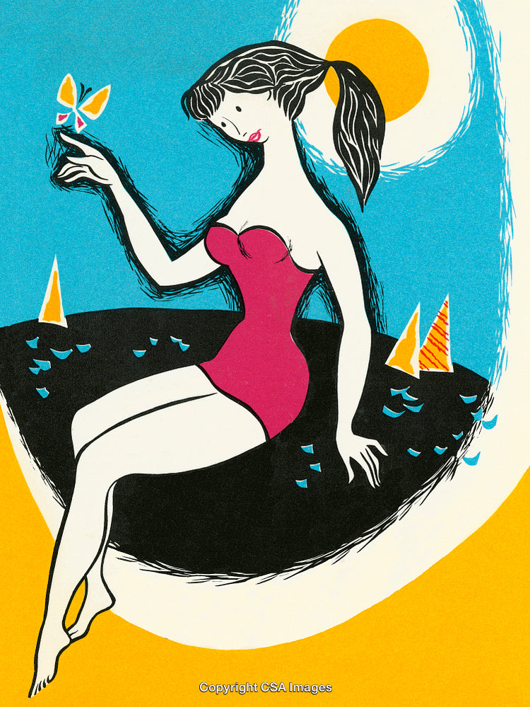 Stylized Woman in Red Swimsuit with Butterfly and Summer Background