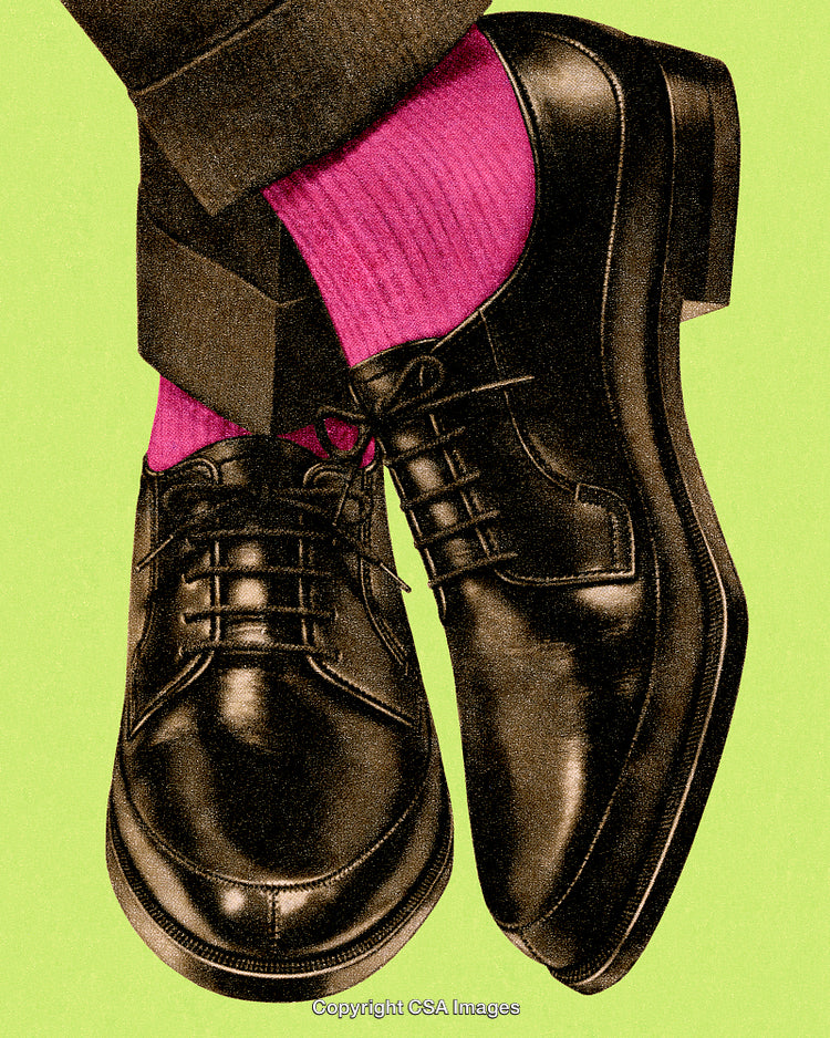 Stylized Illustration of Formal Shoes With Bright Pink Socks on Green Background