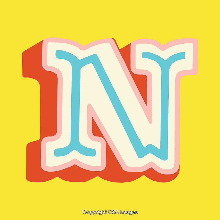 Bold and Colorful 3D Styled Letter N on Yellow Background