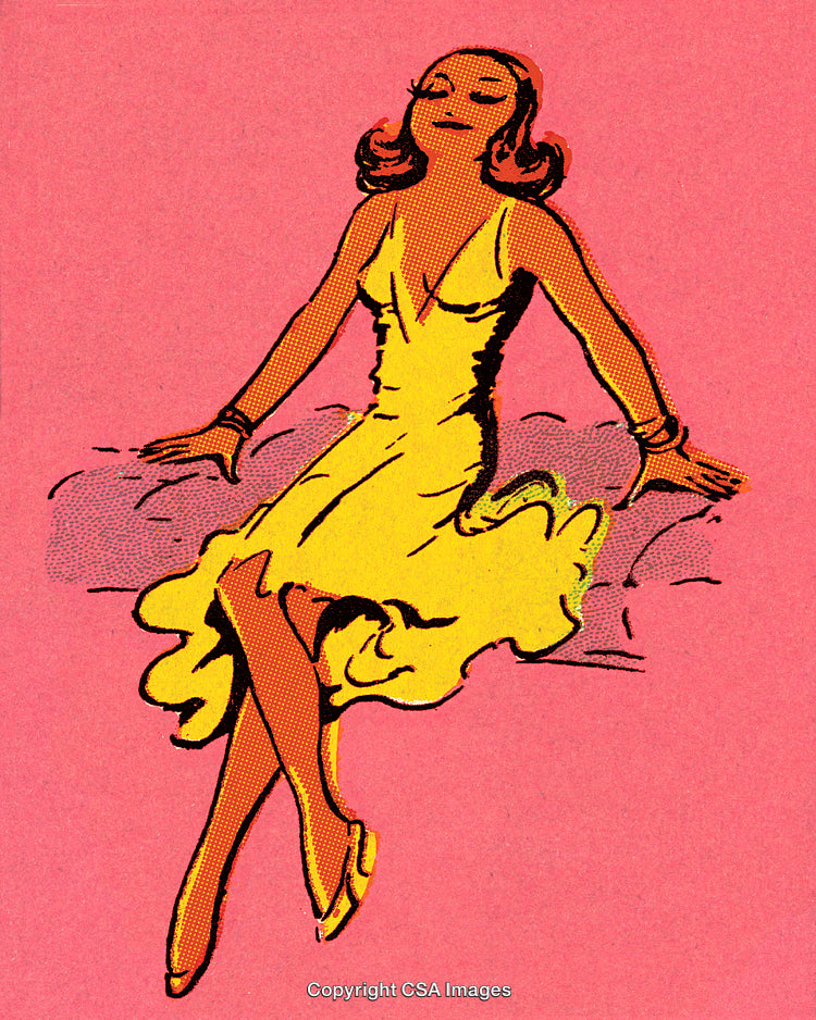 Retro Illustration of Elegant Woman in Yellow Dress Against Pink Background