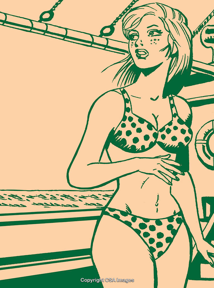 Stylized Retro Illustration of a Woman in Polka Dot Swimwear Outdoors