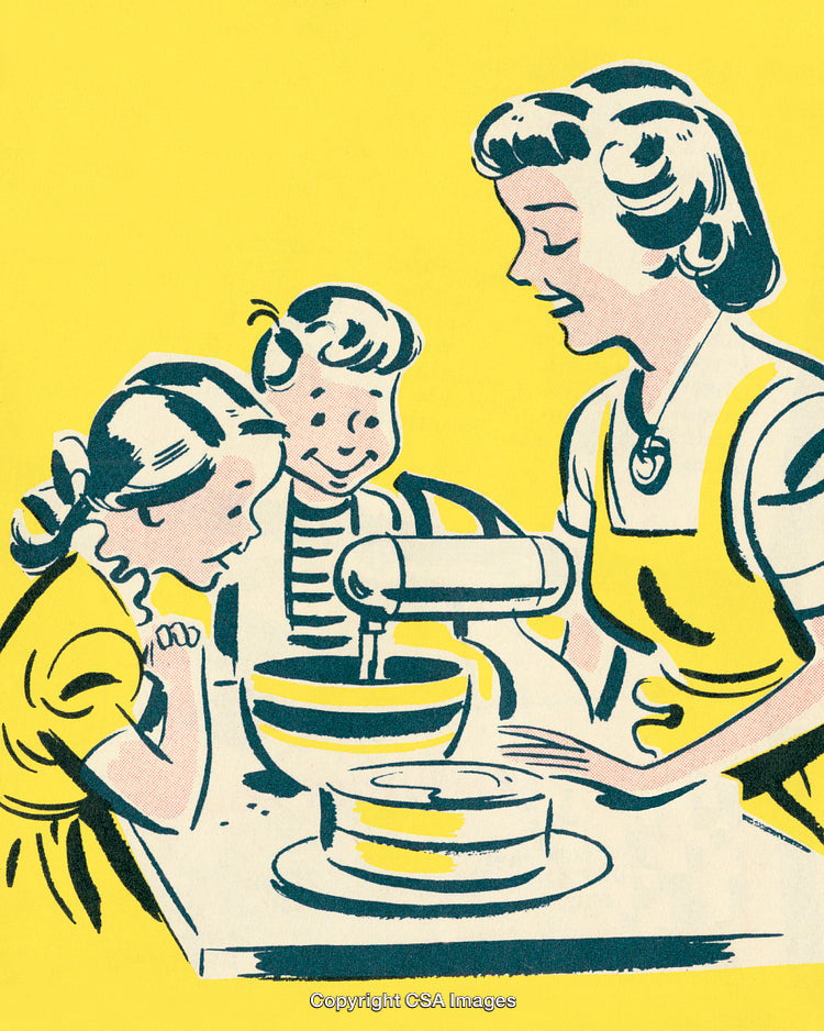 Retro Illustration of a Mother and Children Cooking Together in the Kitchen