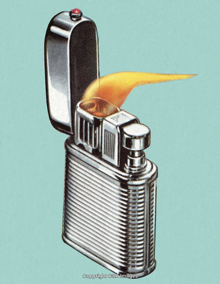Retro Chrome Lighter with Flame on Turquoise Background