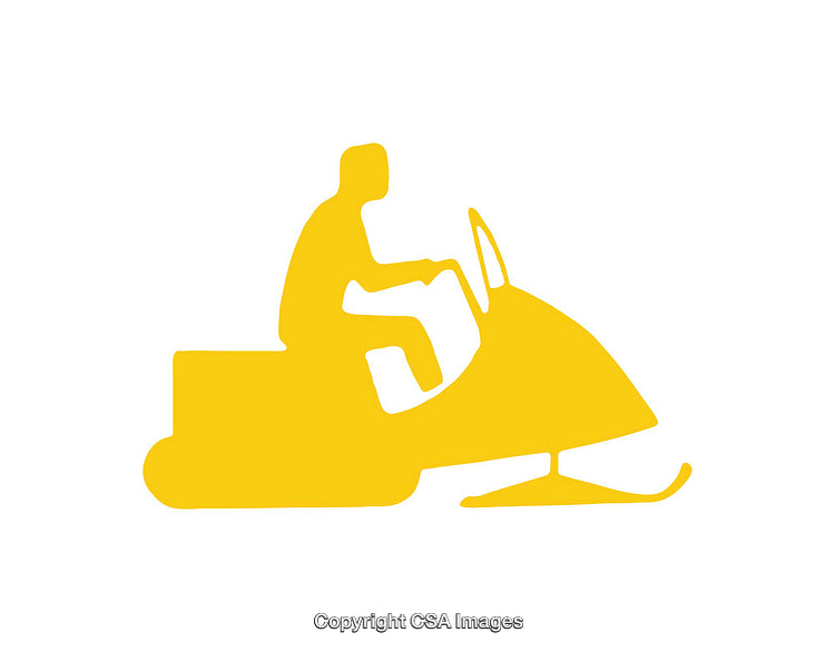 Yellow Icon Depicting a Snowmobile and Rider on a White Background